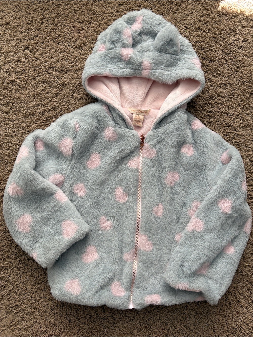 Plush Hooded Zip-Up Jacket with Pink Hearts - Kids